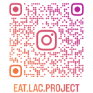 Instagram-style QR code graphic with pink-orange gradient, centered Instagram logo, text EAT.LAC.PROJECT